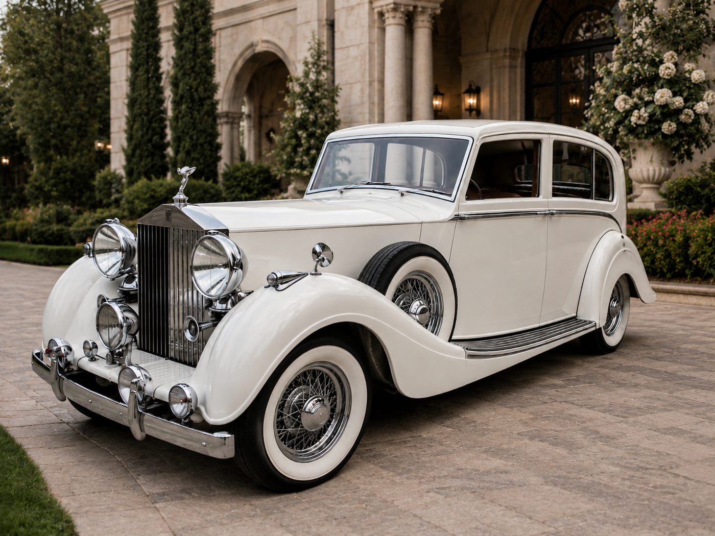 White vintage classic wedding car with chrome grille and whitewall tires waiting at a stone estate entrance