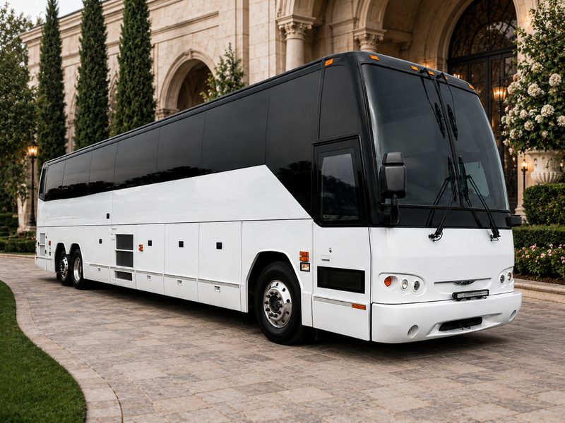 Black and white executive coach for wedding guest shuttles at a stone estate entrance