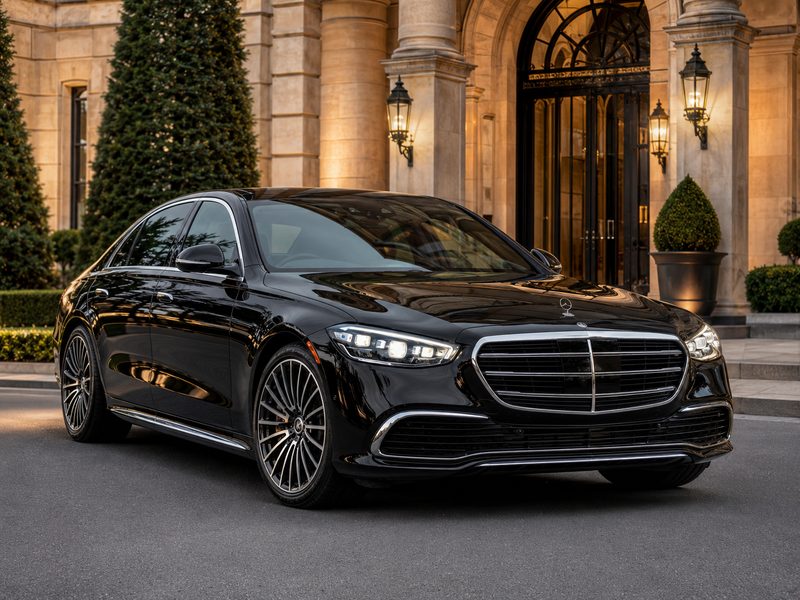Black luxury sedan waiting at an illuminated stone estate entrance