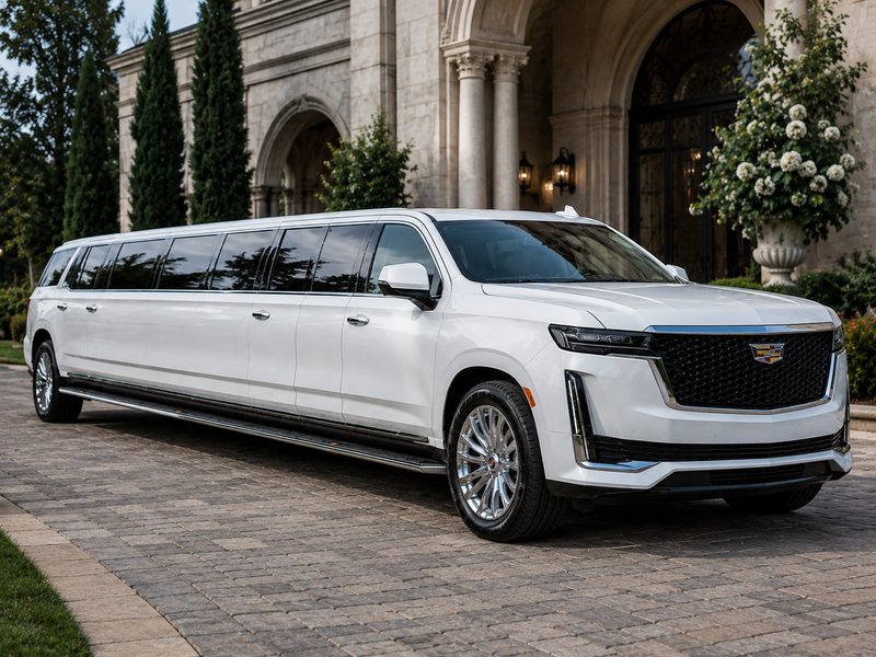 White stretch SUV limousine on the paved driveway of a stone estate