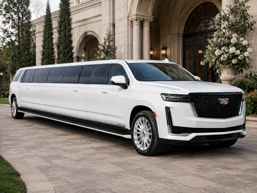 White stretch SUV limousine parked on a cobblestone drive outside a luxury wedding venue