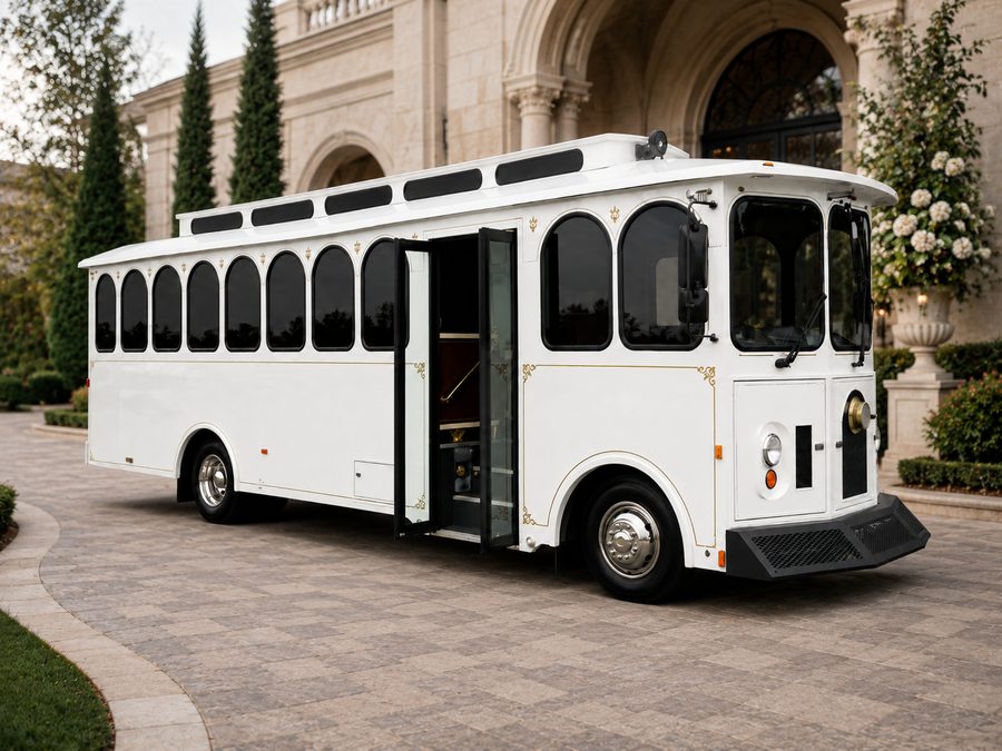White wedding trolley with arched windows and gold pinstriping, doors open, at a stone wedding venue