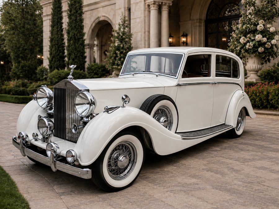 Ivory vintage Rolls-Royce with chrome grille, wire wheels, and whitewall tires parked at a stone wedding venue entrance